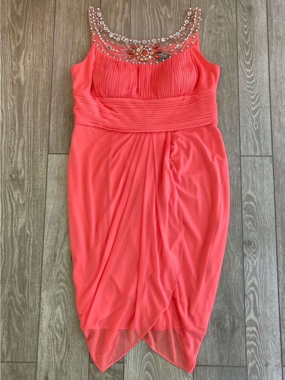 Adrianna Papell Coral Beaded Neckline Draped Midi Dress